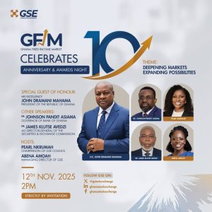 🔔 GFIM @ 10! 🎊 A decade of innovation, resilience, and progress. 🎊 Join us as we celebrate 10 years of transforming Ghana’s fixed income market (GFIM) and building a future of possibilities!, Ghana Stock Exchange